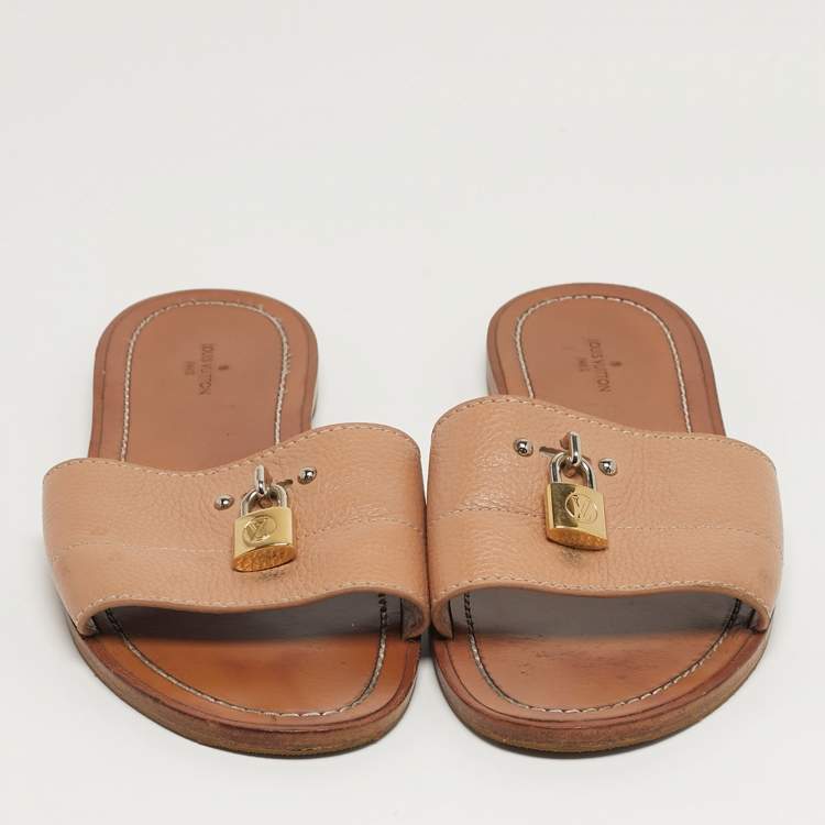 Pre Owned Louis Vuitton Lock It Size 38 Beige Leather Flat Slide