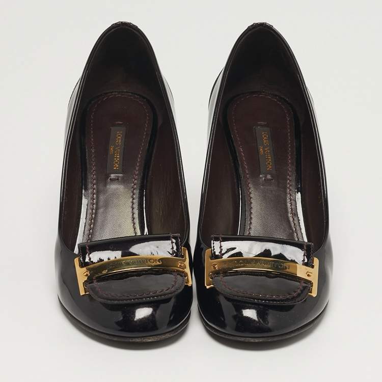 Pre Owned Louis Vuitton Logo Size 37 Burgundy Patent Leather Round Toe Pumps