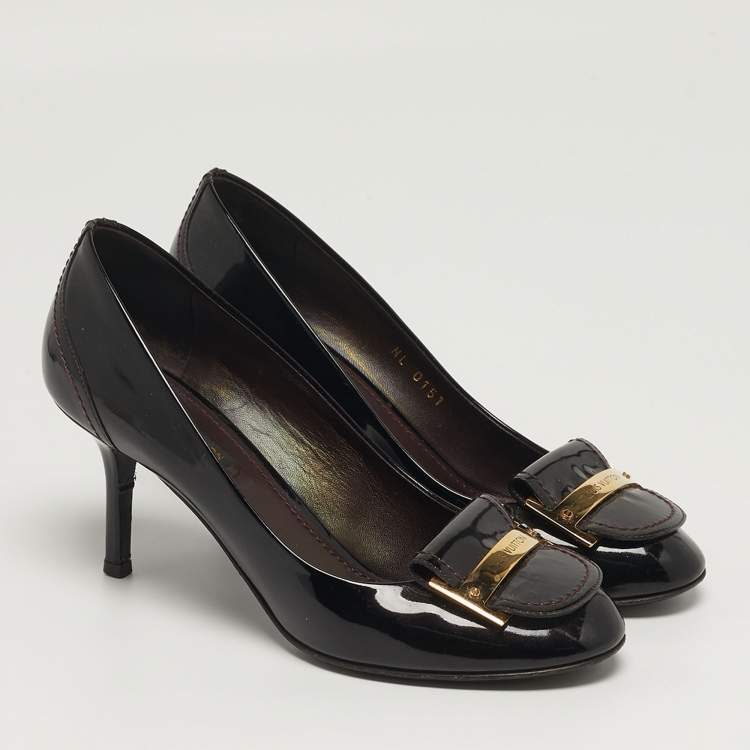 Pre Owned Louis Vuitton Logo Size 37 Burgundy Patent Leather Round Toe Pumps