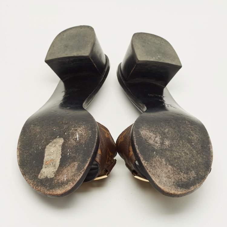 Pre Owned Louis Vuitton Lock It Size 38 Brown Monogram Canvas Slide Sandals