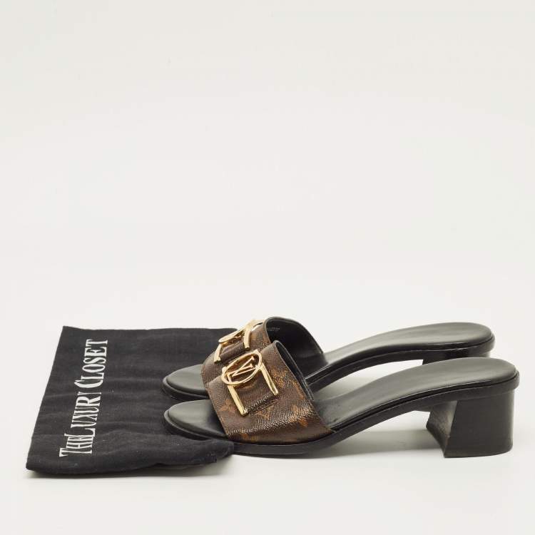 Pre Owned Louis Vuitton Lock It Size 38 Brown Monogram Canvas Slide Sandals