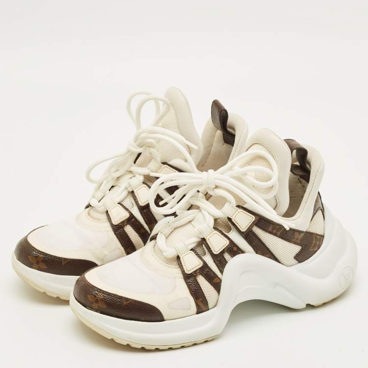 Pre Owned Louis Vuitton Archlight Size 36.5 White Monogram Canvas and Mesh Lace Up Sneakers