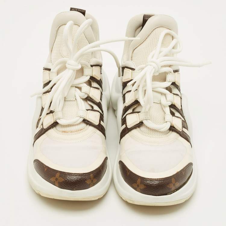 Pre Owned Louis Vuitton Archlight Size 36.5 White Monogram Canvas and Mesh Lace Up Sneakers