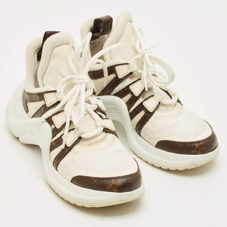 Pre Owned Louis Vuitton Archlight Size 36.5 White Monogram Canvas and Mesh Lace Up Sneakers