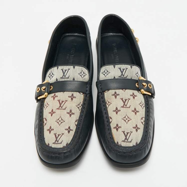 Pre Owned Louis Vuitton Size 40 Black/Beige Monogram Canvas and Leather Buckle Loafers