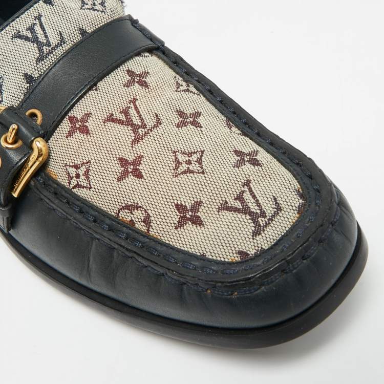 Pre Owned Louis Vuitton Size 40 Black/Beige Monogram Canvas and Leather Buckle Loafers