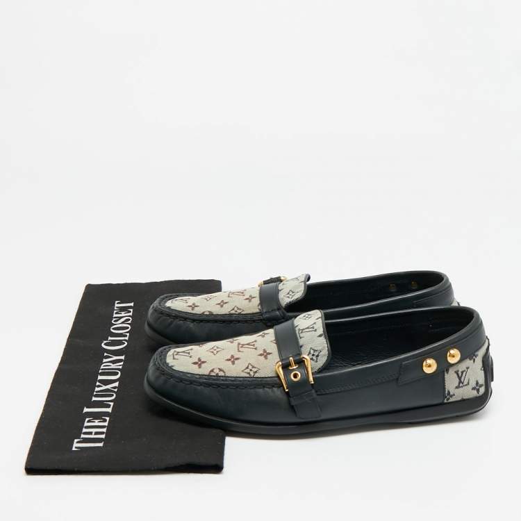 Pre Owned Louis Vuitton Size 40 Black/Beige Monogram Canvas and Leather Buckle Loafers