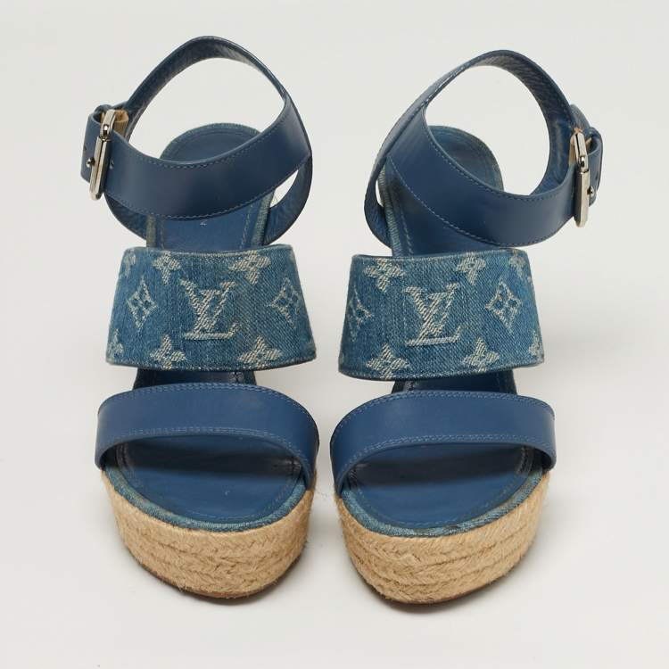 Pre Owned Louis Vuitton Starboard Size 39 Blue Denim and Leather Wedge Sandals