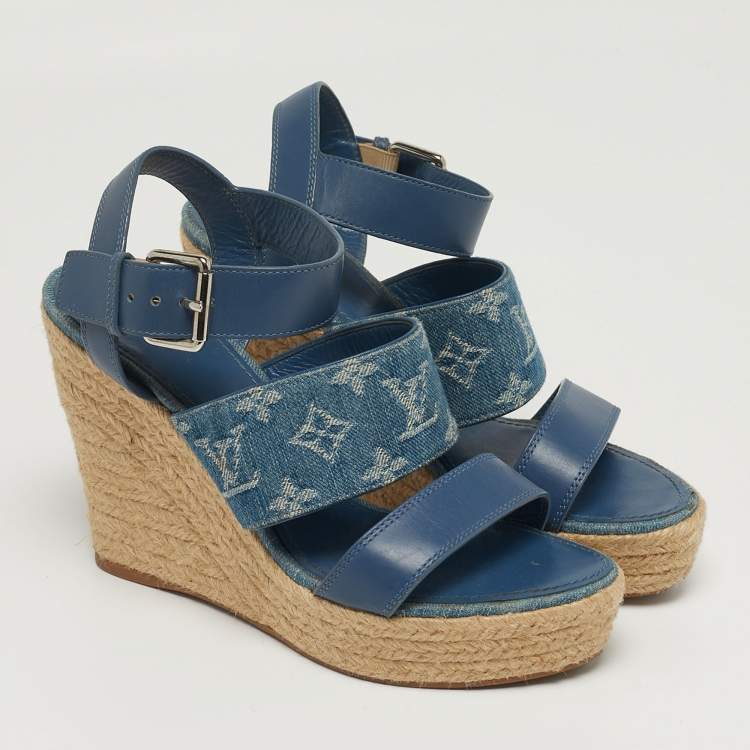 Pre Owned Louis Vuitton Starboard Size 39 Blue Denim and Leather Wedge Sandals