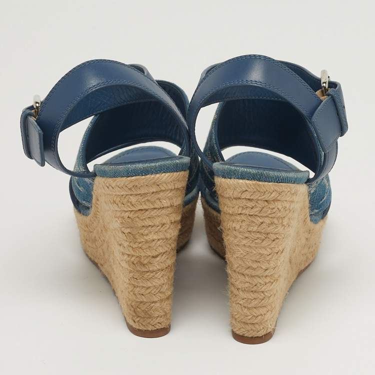 Pre Owned Louis Vuitton Starboard Size 39 Blue Denim and Leather Wedge Sandals