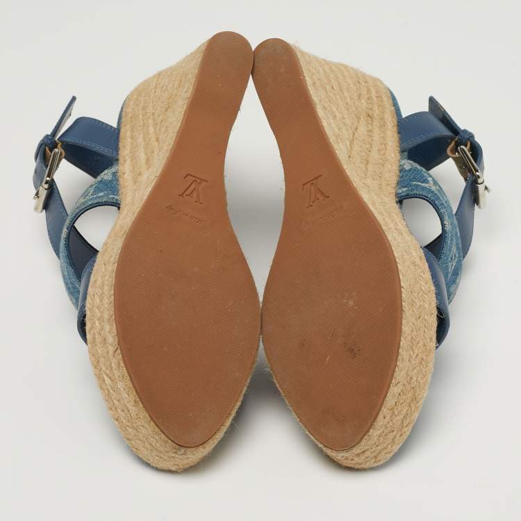 Pre Owned Louis Vuitton Starboard Size 39 Blue Denim and Leather Wedge Sandals