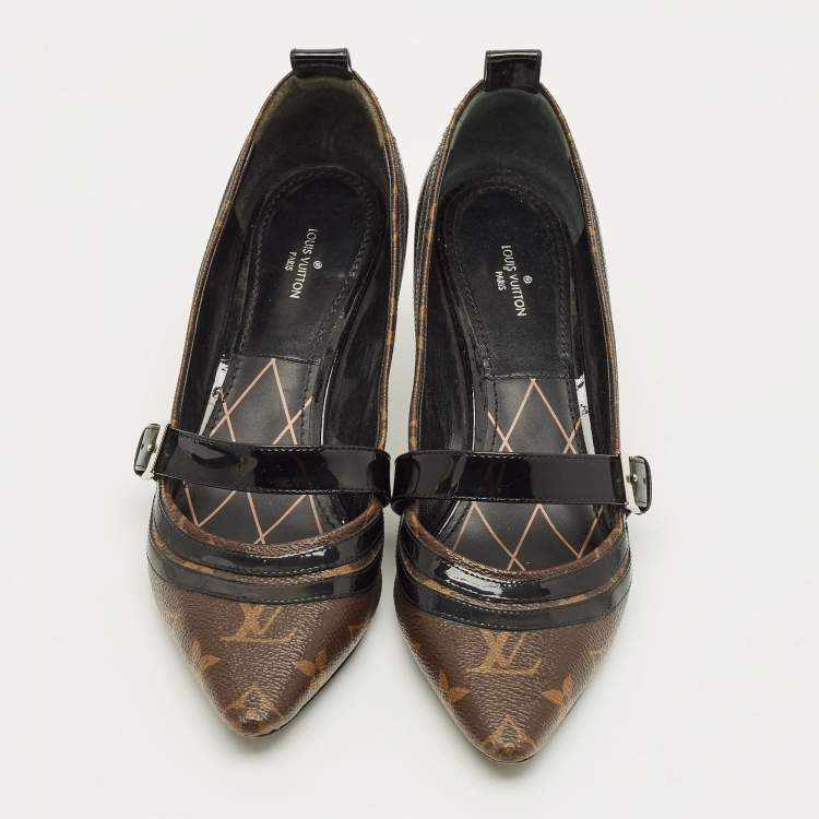 Pre Owned Louis Vuitton Size 38.5 Brown/Black Monogram Canvas and Patent Leather Mary Jane Pumps