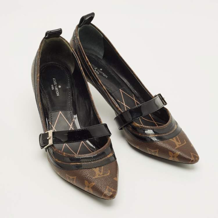 Pre Owned Louis Vuitton Size 38.5 Brown/Black Monogram Canvas and Patent Leather Mary Jane Pumps