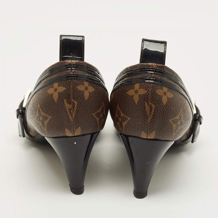 Pre Owned Louis Vuitton Size 38.5 Brown/Black Monogram Canvas and Patent Leather Mary Jane Pumps