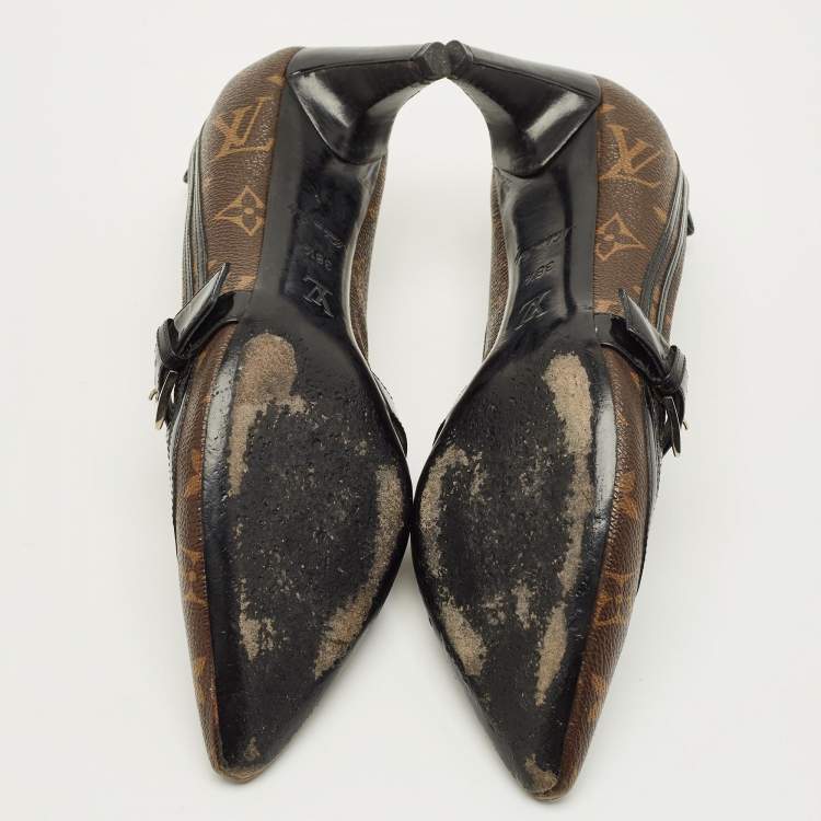 Pre Owned Louis Vuitton Size 38.5 Brown/Black Monogram Canvas and Patent Leather Mary Jane Pumps