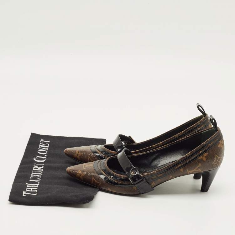 Pre Owned Louis Vuitton Size 38.5 Brown/Black Monogram Canvas and Patent Leather Mary Jane Pumps