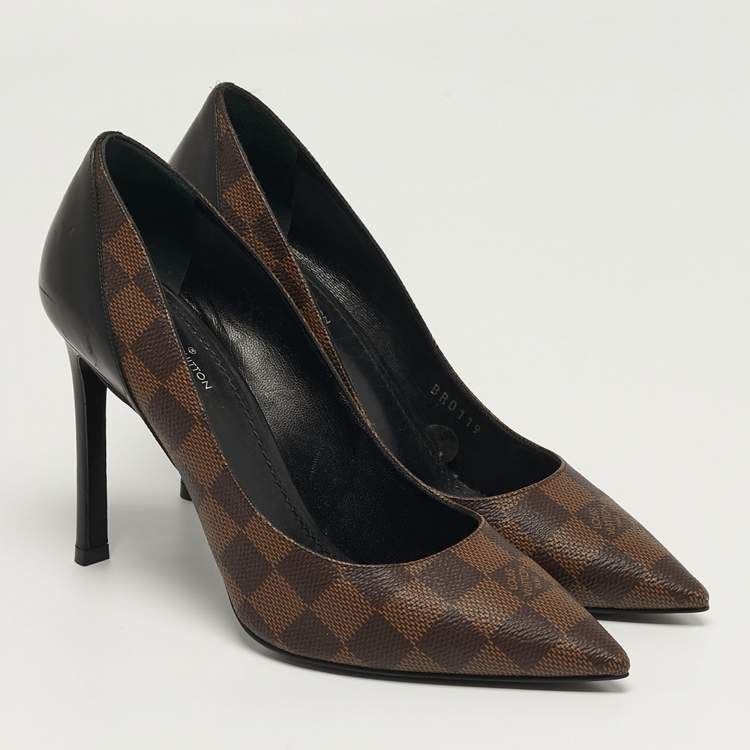 مملوكة مسبقًا حذاء كعب عالي لوي فيتون شيري جلد وقماش بنقشة الشعار بني مقاس 38