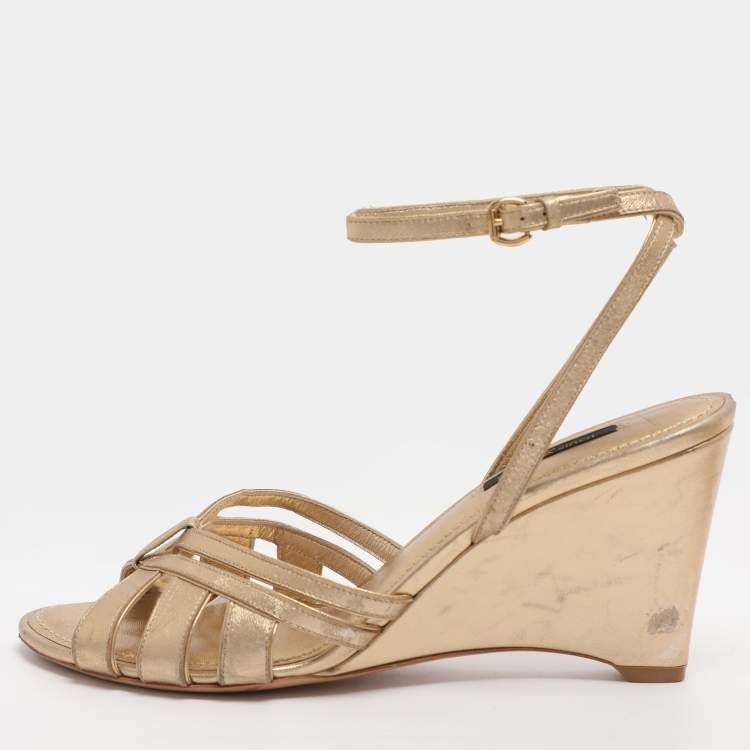 Pre Owned Louis Vuitton Size 37 Gold Leather Ankle Strap Wedge Sandals
