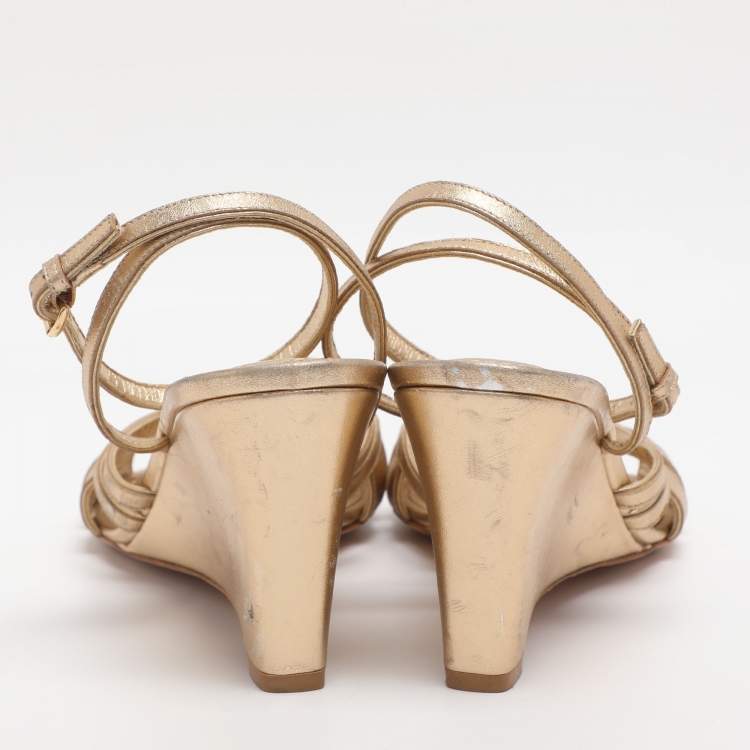 Pre Owned Louis Vuitton Size 37 Gold Leather Ankle Strap Wedge Sandals