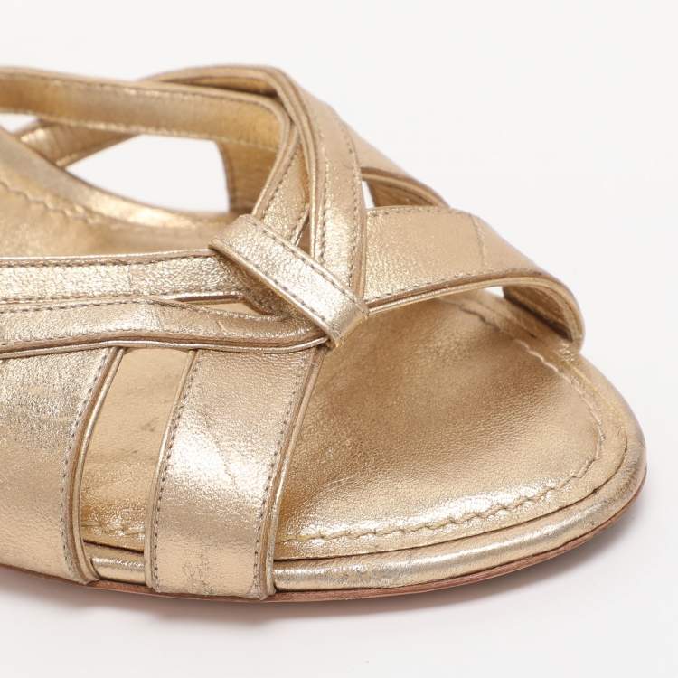 Pre Owned Louis Vuitton Size 37 Gold Leather Ankle Strap Wedge Sandals