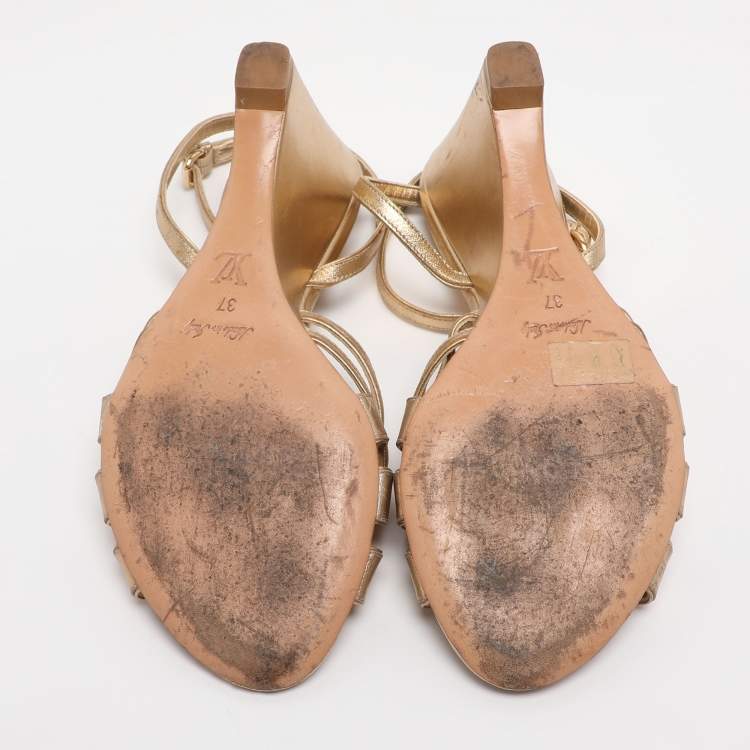 Pre Owned Louis Vuitton Size 37 Gold Leather Ankle Strap Wedge Sandals