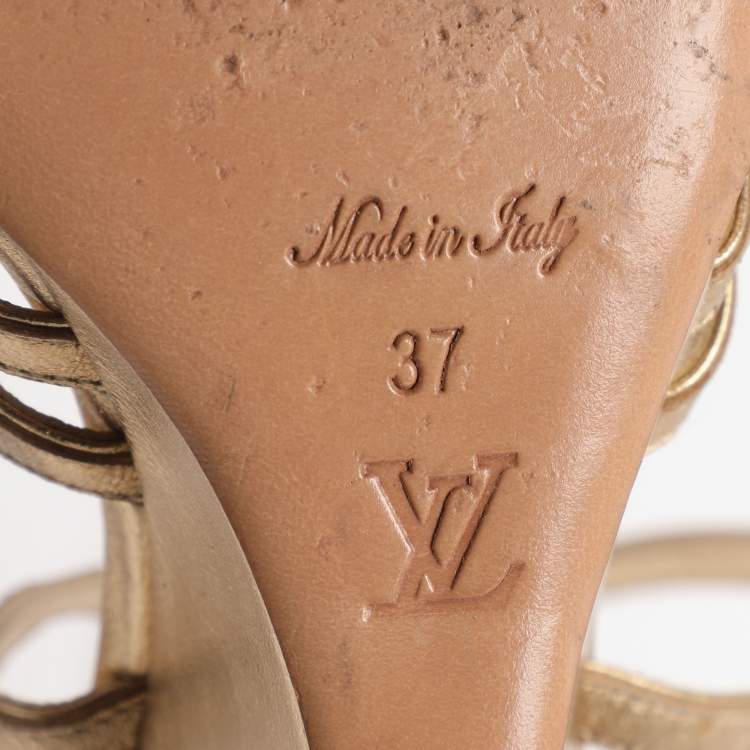 Pre Owned Louis Vuitton Size 37 Gold Leather Ankle Strap Wedge Sandals