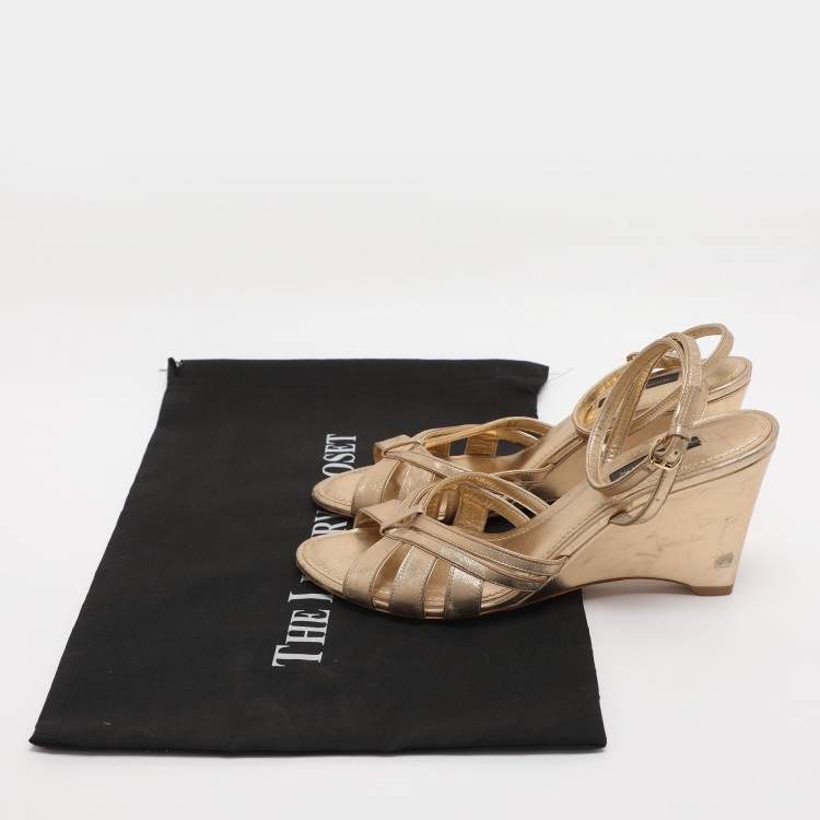 Pre Owned Louis Vuitton Size 37 Gold Leather Ankle Strap Wedge Sandals