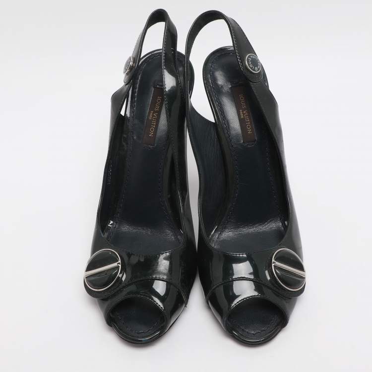 Pre Owned Louis Vuitton Size 36.5 Green Patent Leather Slingback Sandals