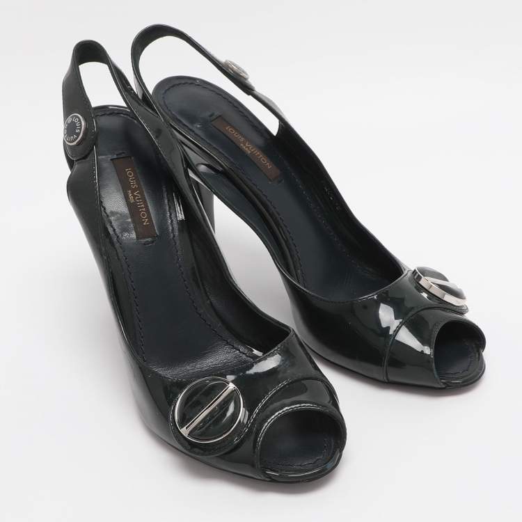 Pre Owned Louis Vuitton Size 36.5 Green Patent Leather Slingback Sandals