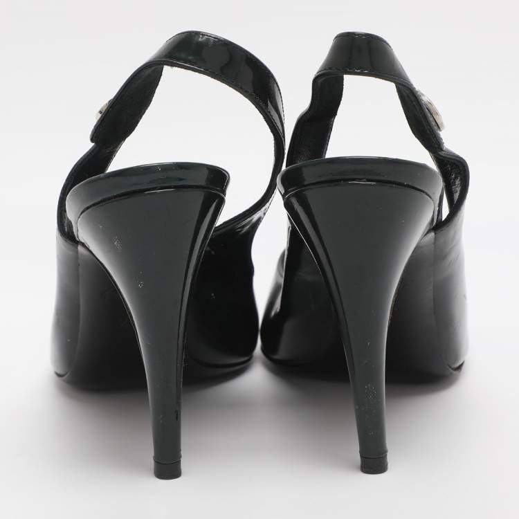 Pre Owned Louis Vuitton Size 36.5 Green Patent Leather Slingback Sandals