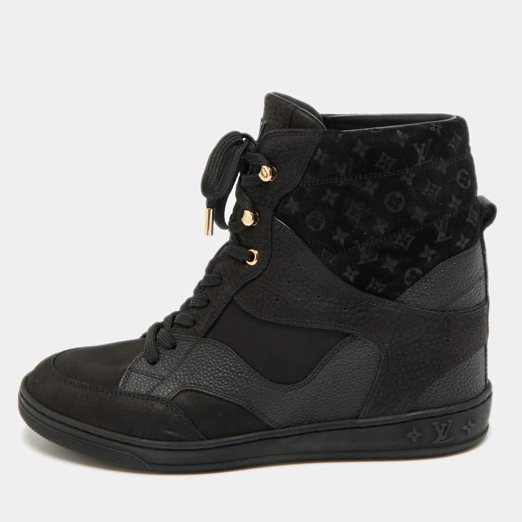 Pre Owned Louis Vuitton Cliff Size 40 Black Monogram Suede and Nubuck Leather Wedge Sneakers