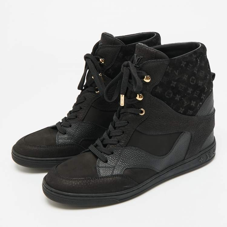 Pre Owned Louis Vuitton Cliff Size 40 Black Monogram Suede and Nubuck Leather Wedge Sneakers