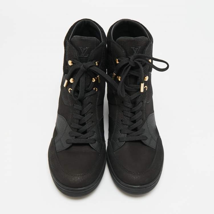 Pre Owned Louis Vuitton Cliff Size 40 Black Monogram Suede and Nubuck Leather Wedge Sneakers