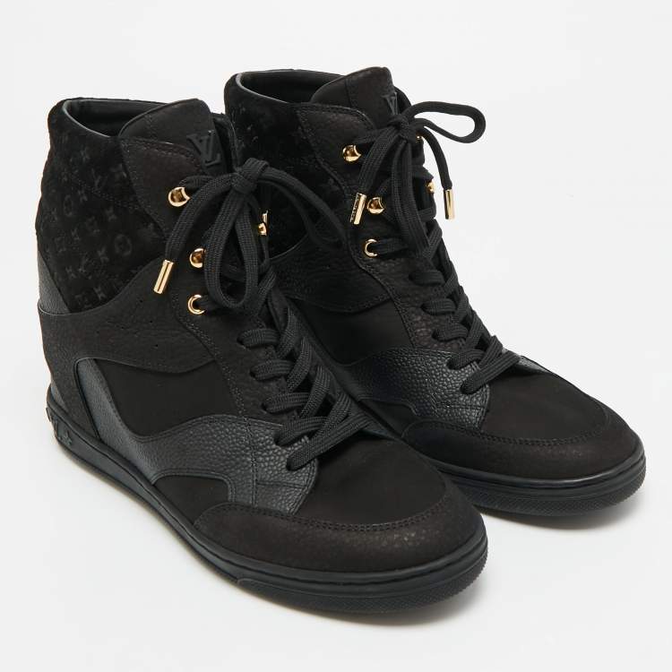 Pre Owned Louis Vuitton Cliff Size 40 Black Monogram Suede and Nubuck Leather Wedge Sneakers
