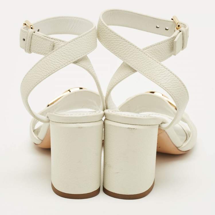 Pre Owned Louis Vuitton Lock It Size 36 White Leather Ankle Strap Sandals