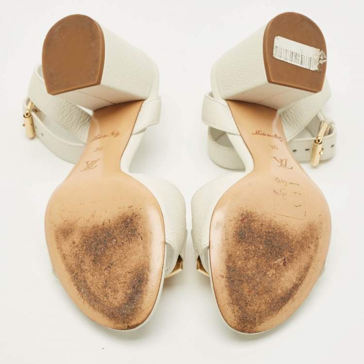 Pre Owned Louis Vuitton Lock It Size 36 White Leather Ankle Strap Sandals