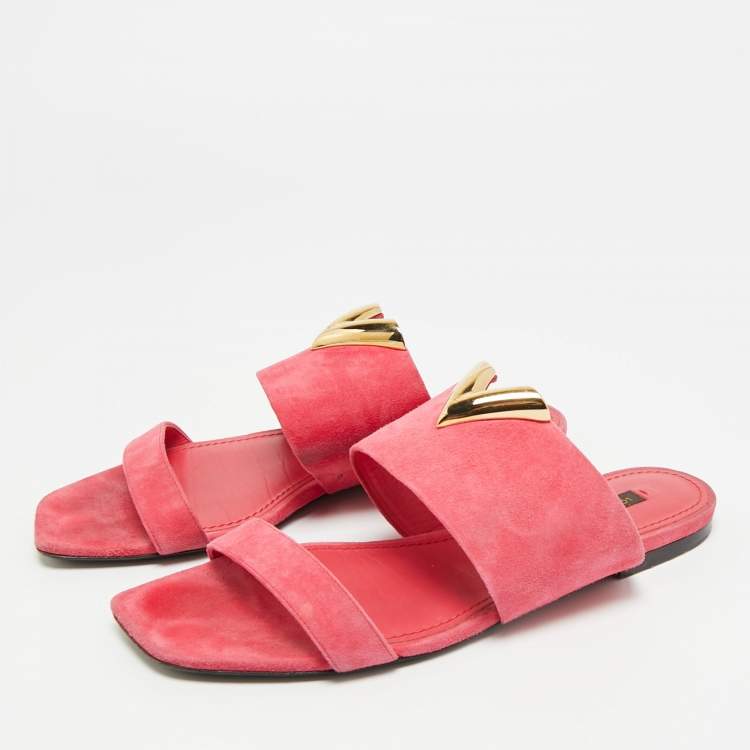 Pre Owned Louis Vuitton Essential V Size 38 Pink Suede Flat Slides
