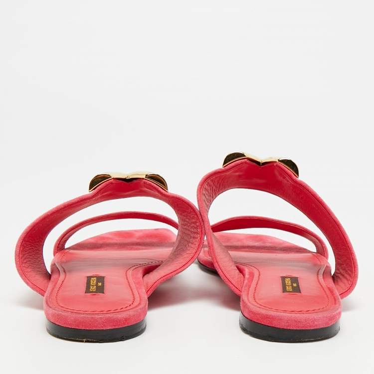 Pre Owned Louis Vuitton Essential V Size 38 Pink Suede Flat Slides