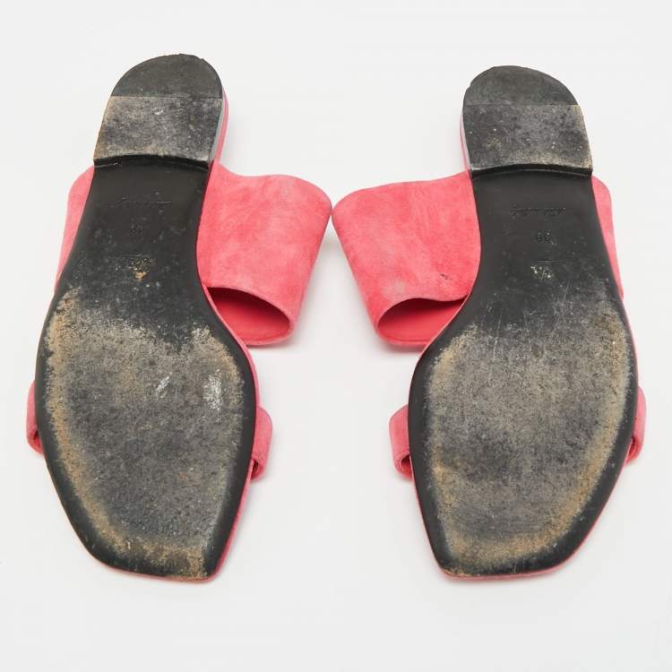 Pre Owned Louis Vuitton Essential V Size 38 Pink Suede Flat Slides