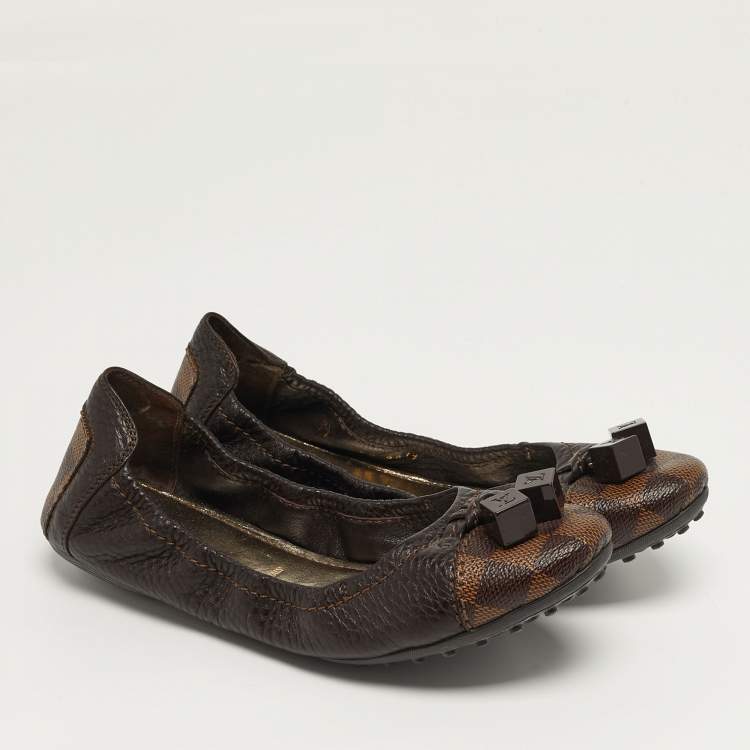 Pre Owned Louis Vuitton Lovely Size 37 Brown Damier Canvas and Leather Ballet Flats