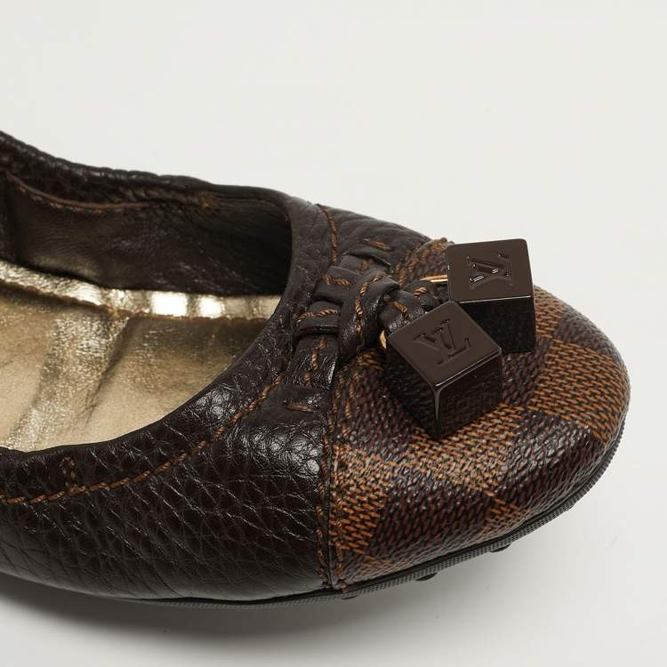 Pre Owned Louis Vuitton Lovely Size 37 Brown Damier Canvas and Leather Ballet Flats