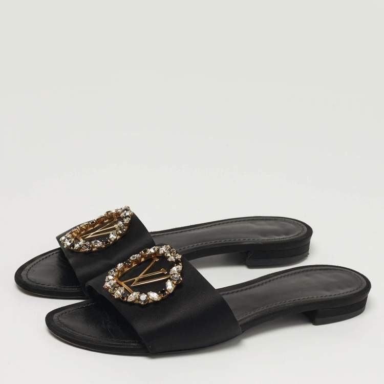 Pre Owned Louis Vuitton Madeleine Size 38 Black Satin Flat Slide