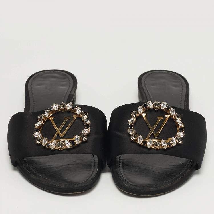 Pre Owned Louis Vuitton Madeleine Size 38 Black Satin Flat Slide