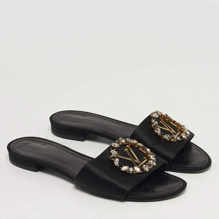 Pre Owned Louis Vuitton Madeleine Size 38 Black Satin Flat Slide