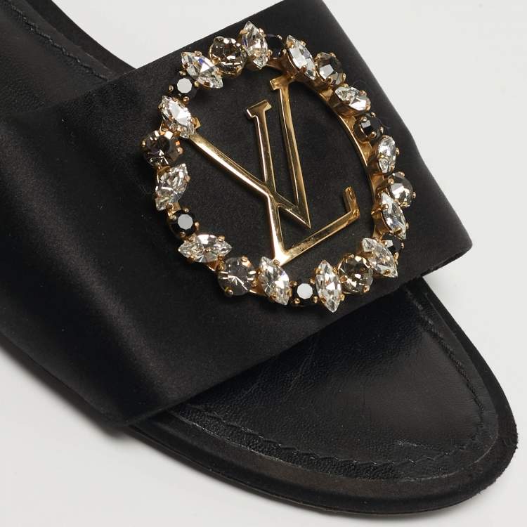 Pre Owned Louis Vuitton Madeleine Size 38 Black Satin Flat Slide