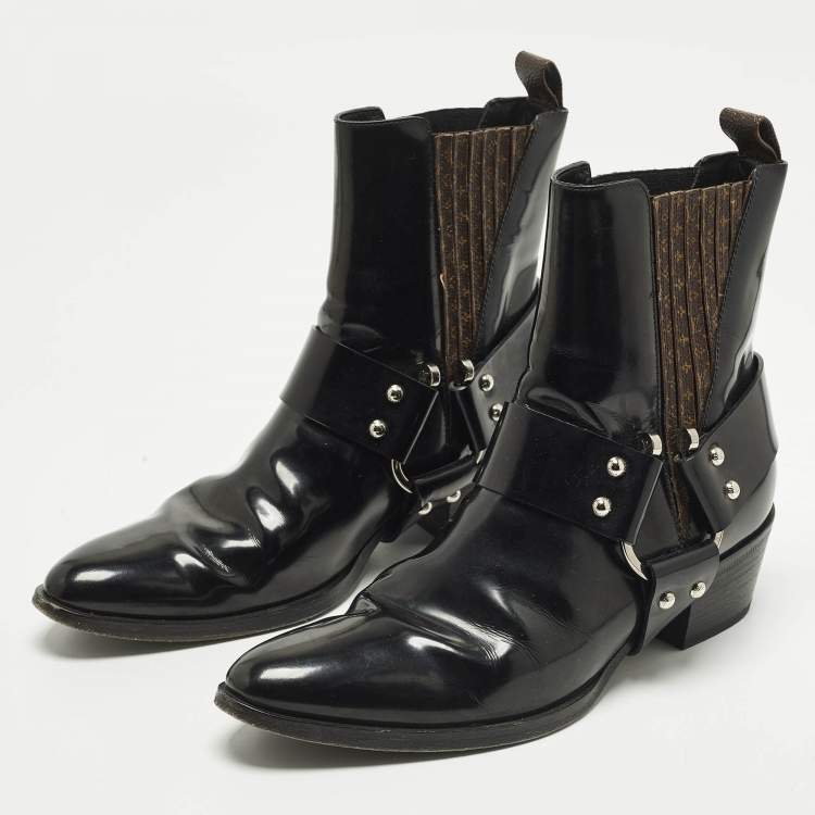 Pre Owned حذاء بوت كاحل لوي فيتون مقدمة مدببة روديو كوين كانفاس مونوغرامي مع جلد أسود مقاس 38