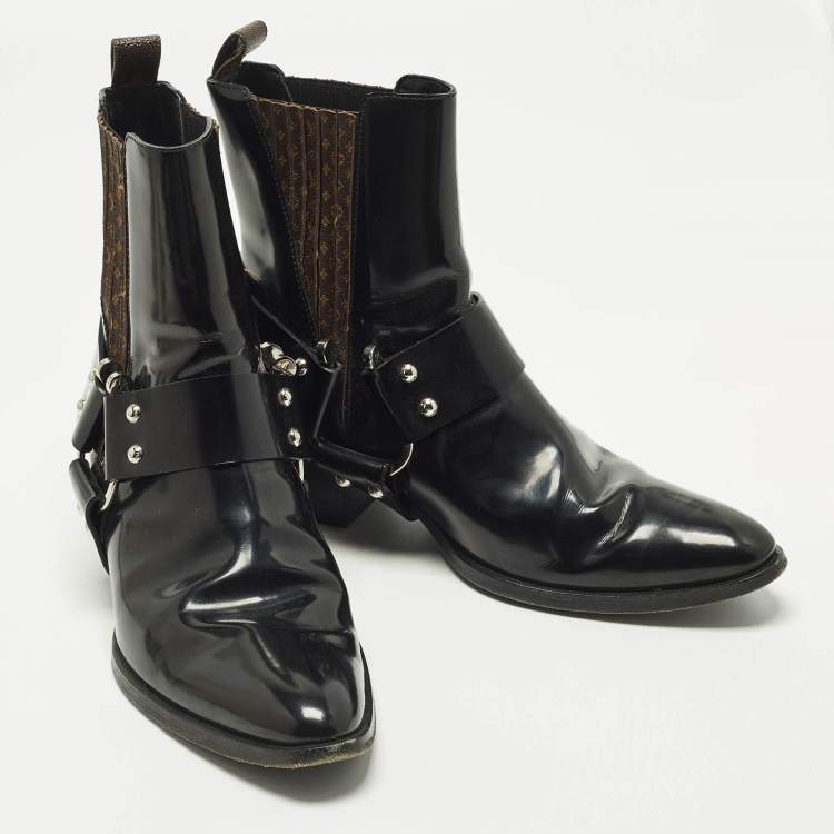 Pre Owned حذاء بوت كاحل لوي فيتون مقدمة مدببة روديو كوين كانفاس مونوغرامي مع جلد أسود مقاس 38