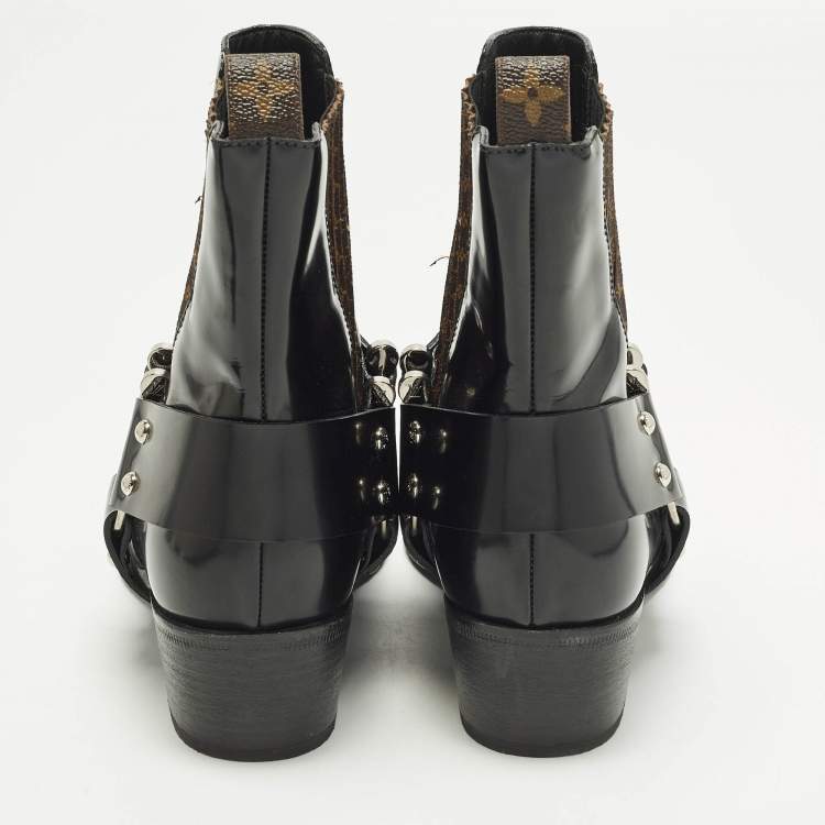 Pre Owned حذاء بوت كاحل لوي فيتون مقدمة مدببة روديو كوين كانفاس مونوغرامي مع جلد أسود مقاس 38