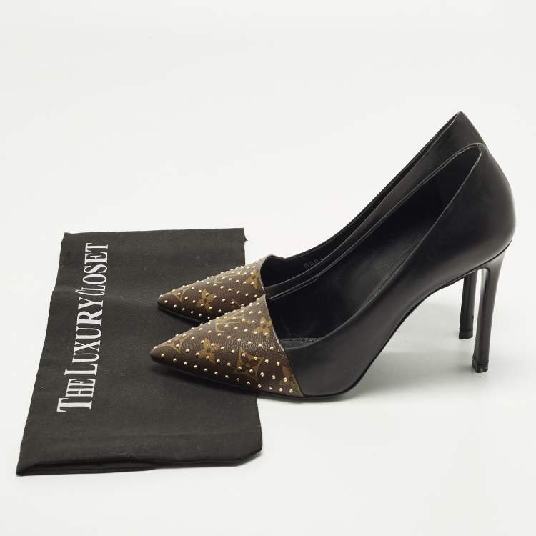 Pre Owned Louis Vuitton Chérie Size 39 Black/Brown Monogram Canvas and Leather Pumps