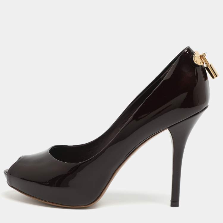 Pre Owned Louis Vuitton Oh Really! Size 36.5 Burgundy Patent Leather Peep Toe Pumps